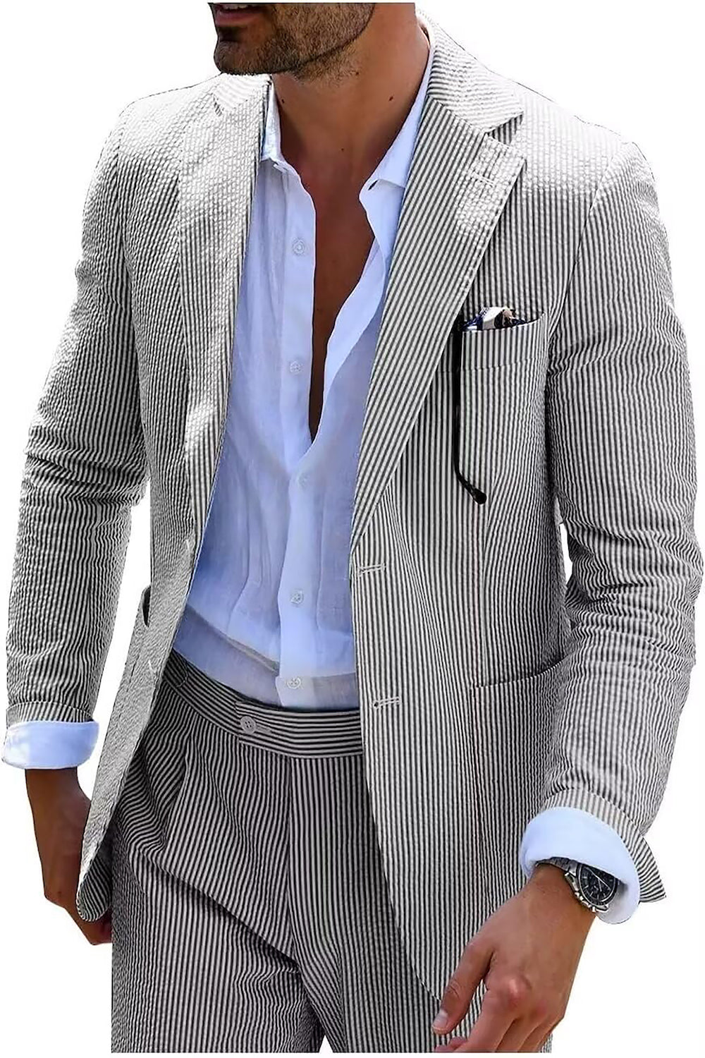 Conjunto de verano para hombre en seersucker a rayas con chaqueta y pantalones