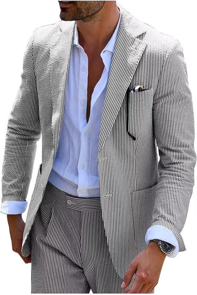 Conjunto de verano para hombre en seersucker a rayas con chaqueta y pantalones