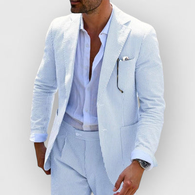 Traje de verano para hombre en rayas de seersucker con chaqueta y pantalones