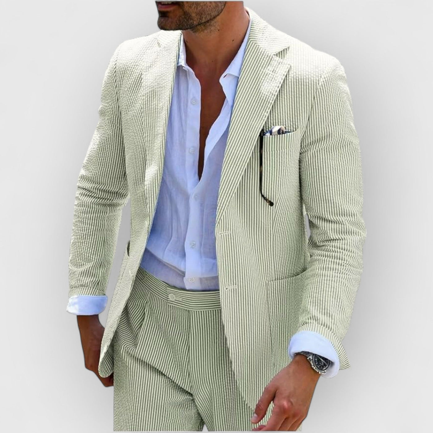 Traje de verano para hombre en rayas de seersucker con chaqueta y pantalones