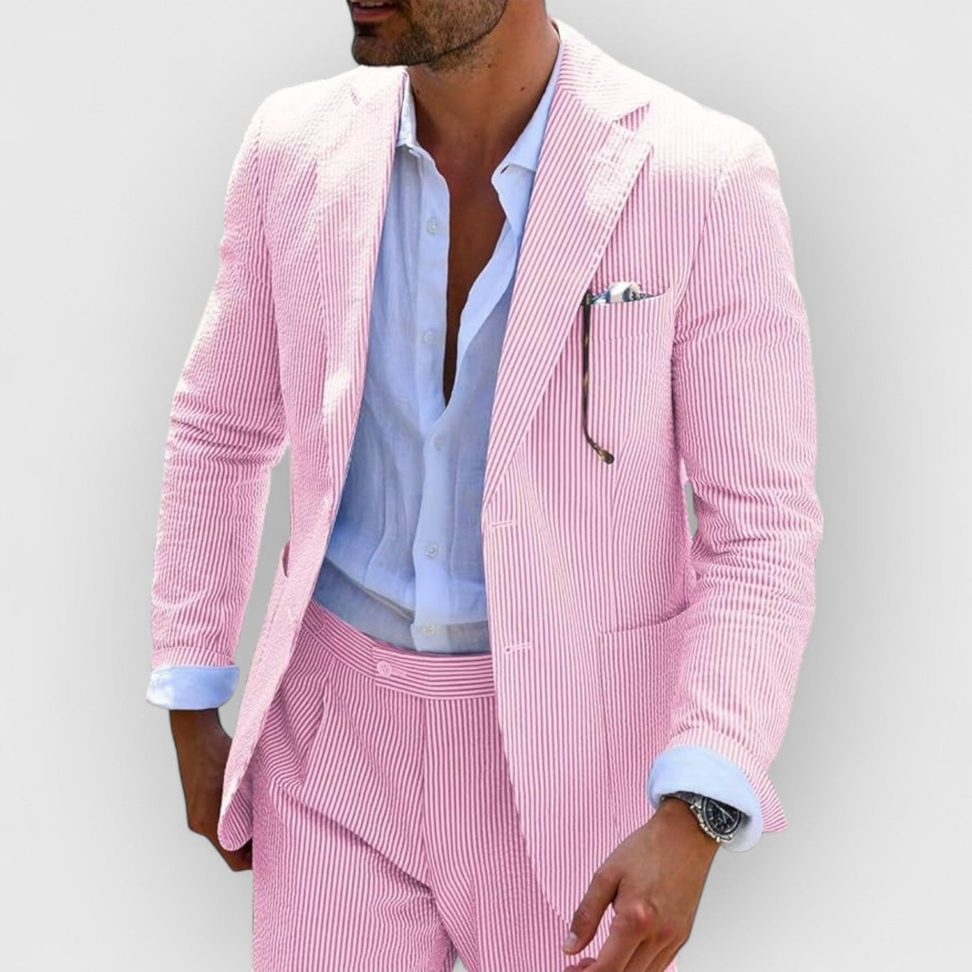 Traje de verano para hombre en rayas de seersucker con chaqueta y pantalones