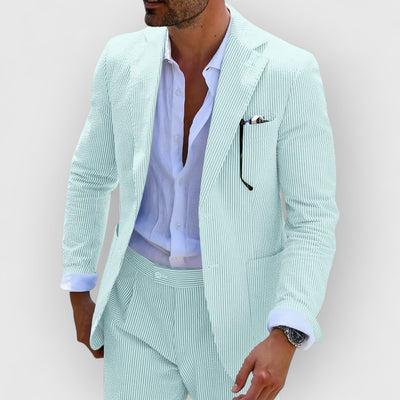 Traje de verano para hombre en rayas de seersucker con chaqueta y pantalones