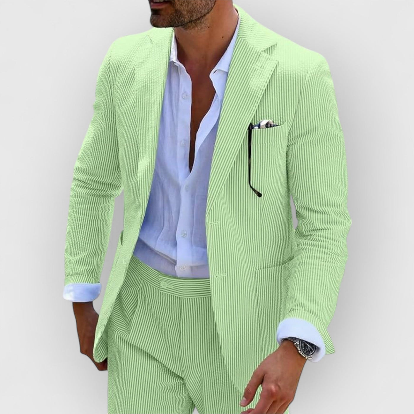 Traje de verano para hombre en rayas de seersucker con chaqueta y pantalones