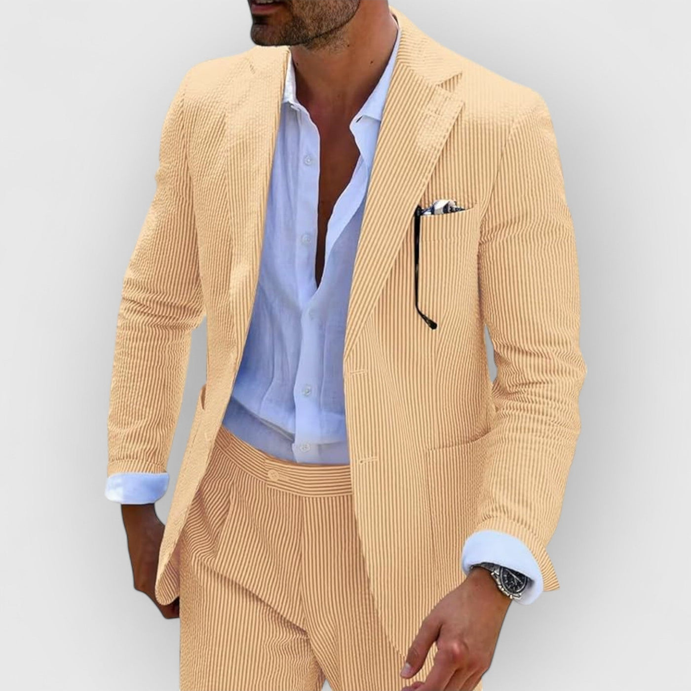 Traje de verano para hombre en rayas de seersucker con chaqueta y pantalones