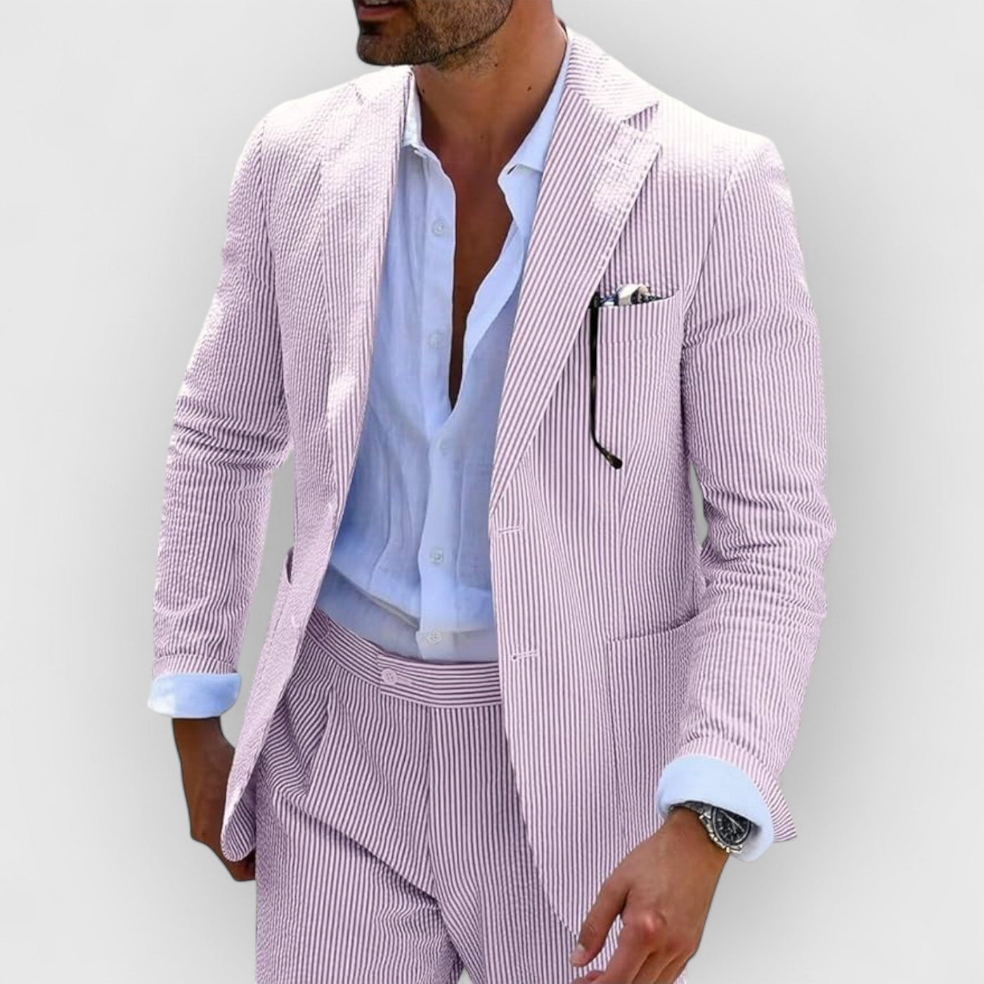 Traje de verano para hombre en rayas de seersucker con chaqueta y pantalones