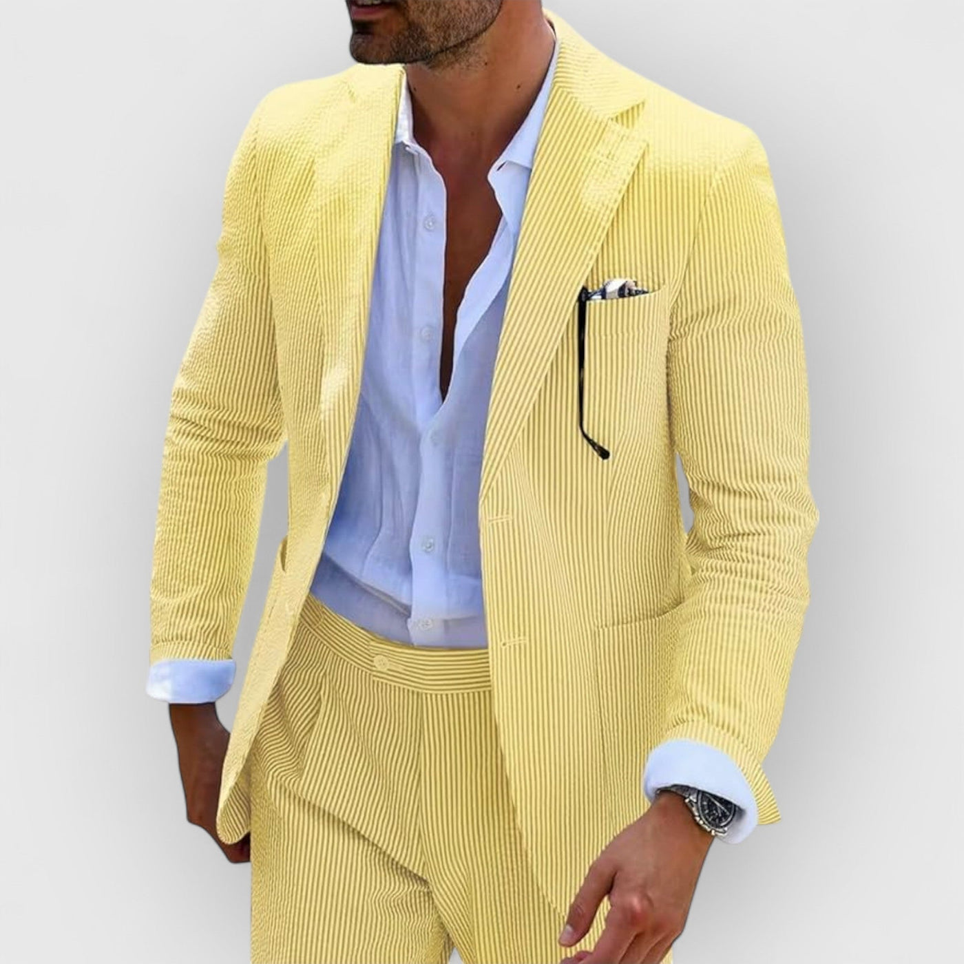 Traje de verano para hombre en rayas de seersucker con chaqueta y pantalones