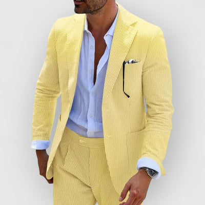 Traje de verano para hombre en rayas de seersucker con chaqueta y pantalones