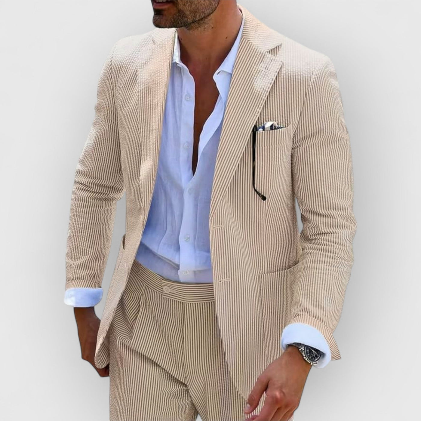 Traje de verano para hombre en rayas de seersucker con chaqueta y pantalones
