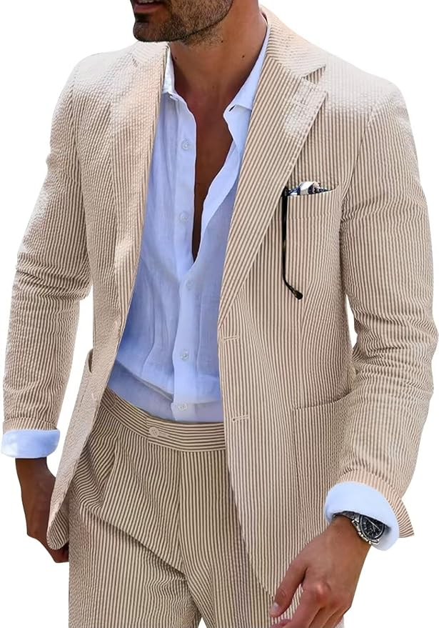 Conjunto de verano para hombre en seersucker a rayas con chaqueta y pantalones