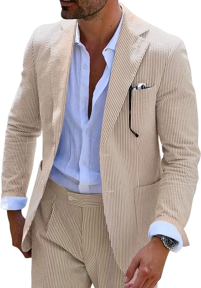 Conjunto de verano para hombre en seersucker a rayas con chaqueta y pantalones