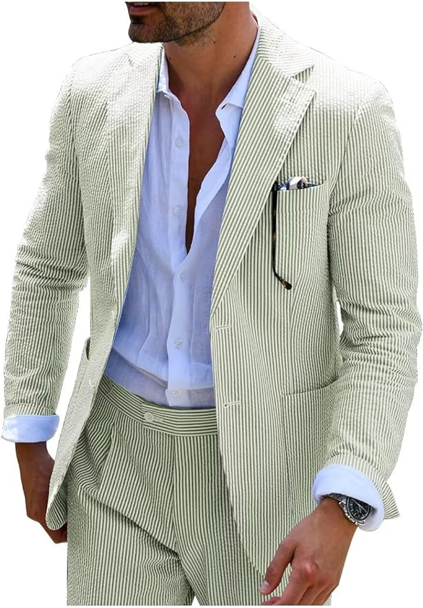 Conjunto de verano para hombre en seersucker a rayas con chaqueta y pantalones